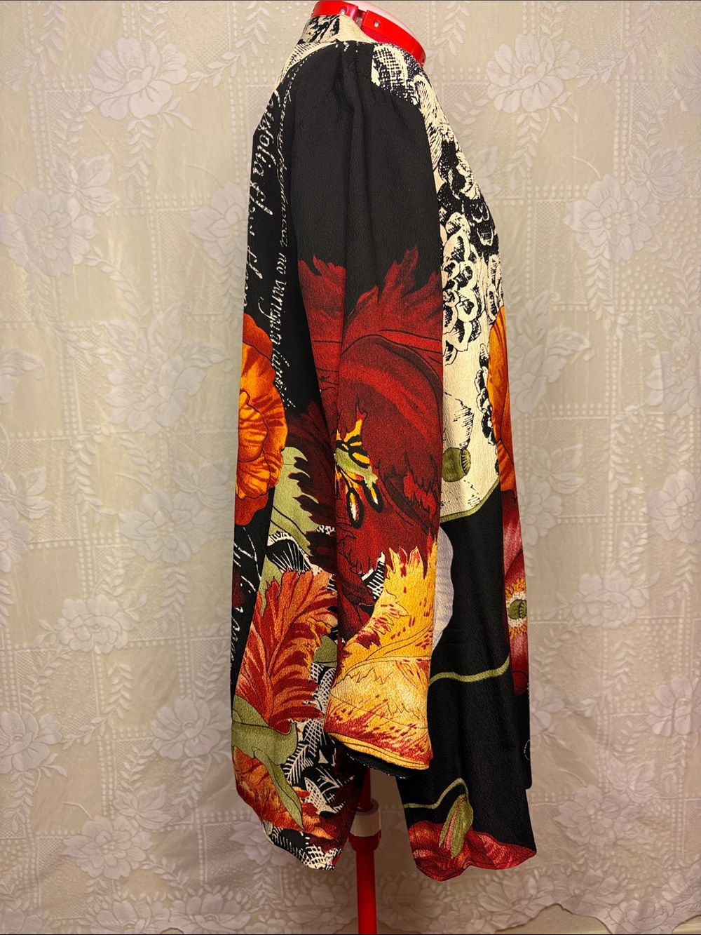 *New* Citron 100% Silk Vintage Black Button-Front Poppy Floral Shirt Tunic - Picture 8 of 16